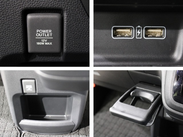 アクセサリー電源シガーソケット、スマートフォンなどの急速充電用USBポートが付いています。また車内をスッキリ整理できる使いやすいサイズの収納を手の届きやすい場所に配置しました。