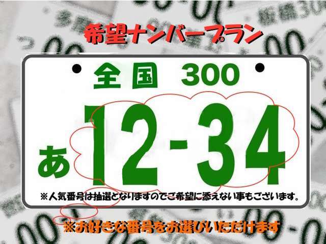 記念日や誕生日、ラッキーナンバーなどお好きな数字をプレートナンバーに！！※777など人気の番号は抽選となりますのでお希望に添えないこともございます。