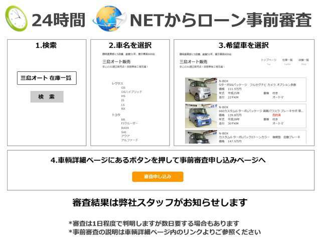 弊社WEBページからクレジットの事前審査が可能です。事前審査結果後に購入を決定でもOKです。http://www.mishima-auto.jp/SN31A084内の「事前審査申込み」ボタンを押してね