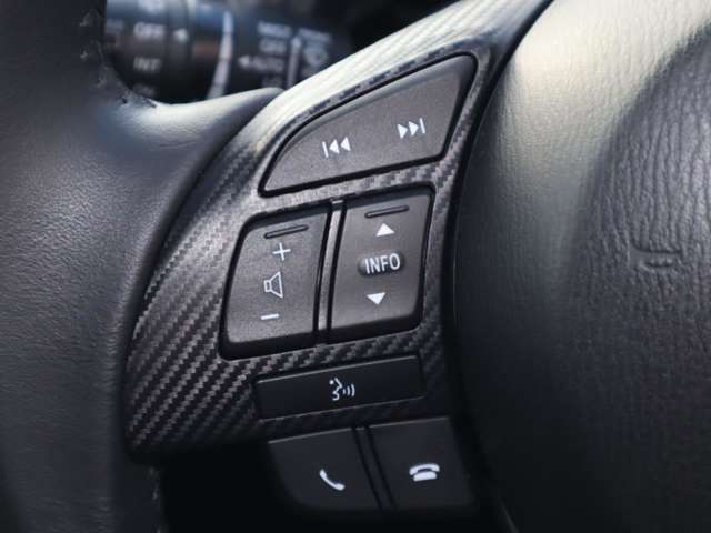 ステアリング左側にはオーディオコントロールスイッチを搭載。走行中でも簡単に音量の上げ下げ、曲の送り戻し、モードの切り替えが可能です。クイックに切り替えてお好みの音楽で楽しいドライブを！