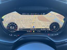 【Audi　バーチャルコックピット】液晶フルデジタルディスプレイにスピードメーター、タコメーター、マップ表示、メディア情報などフレキシブルに表示させるバーチャルコックピットを装備。