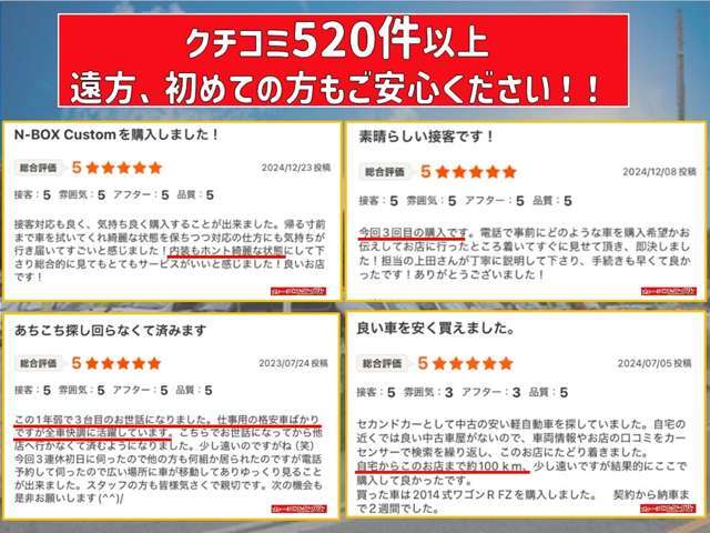 おかげで様でクチコミ520件以上頂いております。遠方の方、初めてご購入の方はクチコミを是非ご覧ください！