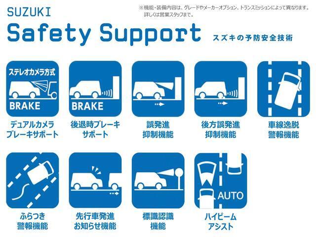 安心して、楽しくスズキのクルマに乗っていただきたいという想いから生まれた「スズキ　セーフティ　サポート」※機能についての詳細はスタッフまで。