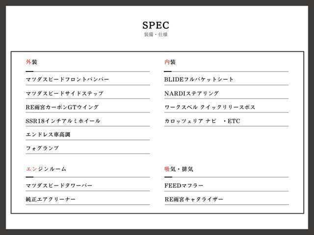 カスタムパーツや装備品などです！気になる事があればお気軽にご連絡下さい！