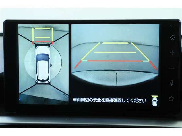 車を上から見たような視点のパノラミックビューモニター。後方の死角だけでなく左右や前方の障害物の発見もしやすくなります！
