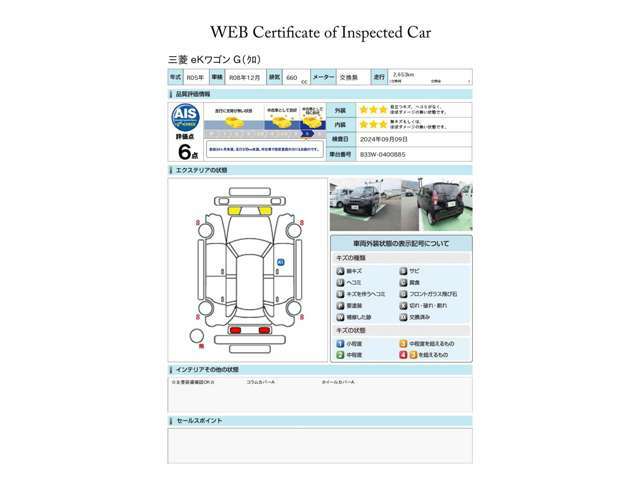 第三者評価機関「AIS社」の車両検査済み！総合評価6点（評価点はAISによるS～Rの評価で令和6年9月現在のものです）