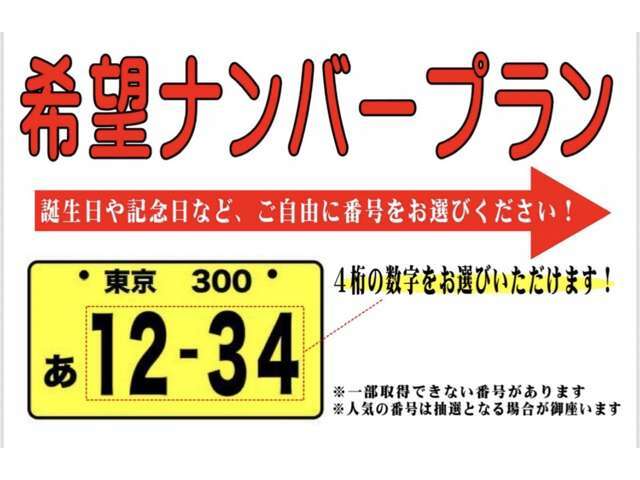 Aプラン画像：希望ナンバーを取得するパックです！愛車のナンバーをお好きな数字や、思い出の数字に出来ます！（　※一部条件がある番号がございます　）