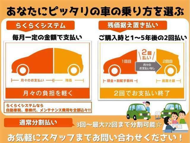 月々均等の定額払いと残価設定型のボーナス併用払い、更に残価据え置き2回払いのお支払い方法が選べます！