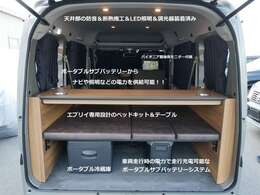 上級モデルのお車で、車中泊に必要な物を標準装備として、お支払総額300万円を目指して開発しました。車中泊時にはポータブルサブバッテリーの電力でナビやLED照明を使用可能にしております。