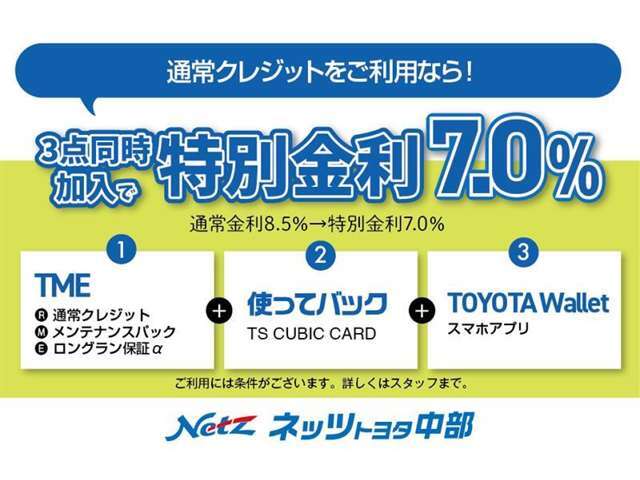 「TME」＋「使ってバック」＋「TOYOTA　Wallet」の3点をセットにした特別金利プランです。通常金利8.5％のところ、特別金利7.0％にてご提供。
