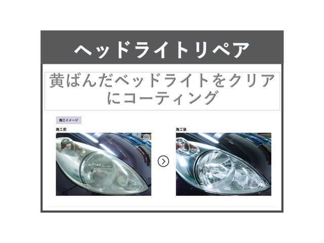 ポリカーボネート樹脂が紫外線の影響を受け、黄ばみや、くすみが発生します。ヘッドライトリペアを行い、クリアな状態に。