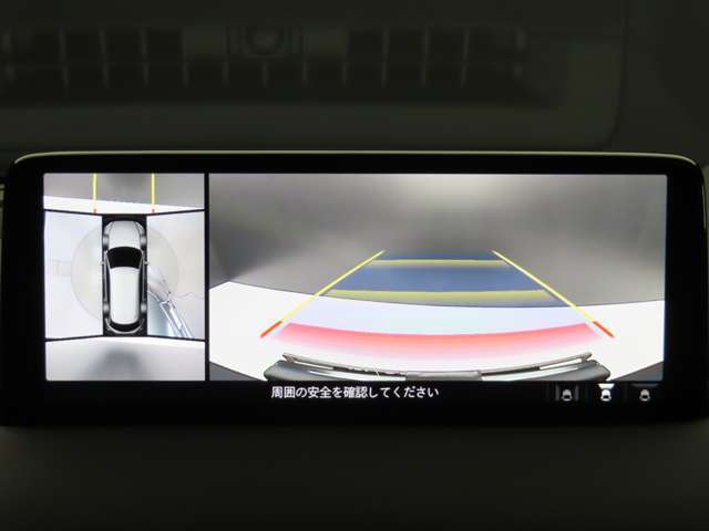上空から俯瞰した映像で周囲の状況を確認出来る360°ビューモニターです。大柄な車体ですが、これで狭い駐車場でも安心ですね。また、隠れたお子様やいつの間にか置かれたカートも確認出来ますね。