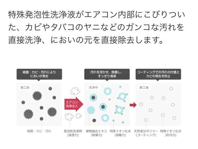 特殊発砲製洗浄液がエアコン内部にこびりついた汚れを直接洗浄、においの元を直接洗浄します（エアコン部品の脱着は行いませんので、冷媒ガス漏れの心配はありません）。