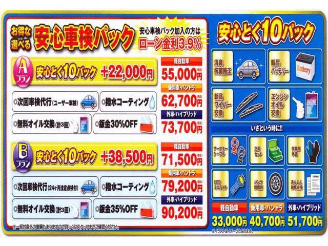 Bプラン画像：次回車検時の代行手数料無料、バッテリー新品交換、オイル交換3回無料、外装コーティング、室内消臭、ライト、工具のセット！！