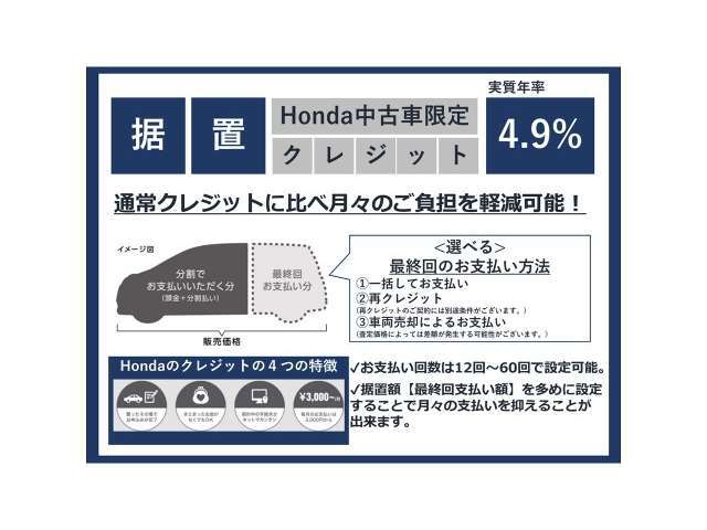 好評の据置クレジット対象車です！最終回の支払額を任意で設定することで、月々の返済額をお客様の希望に合わせることが可能です！