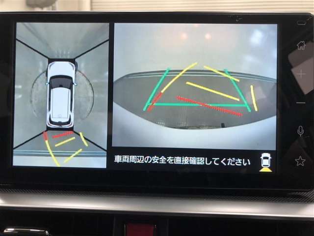 【パノラミックビューモニター】クルマの前後左右に搭載したカメラから取り込んだ画像を合成し、車両を上から見たような画像をディスプレイに表示します。