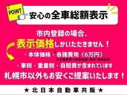 皆様に安心してお車をお買い求めいただくために、北日本自動車共販では支払総額を税金満額分で掲載しております。皆様のお問い合わせ・ご来店を心よりお待ちしております！