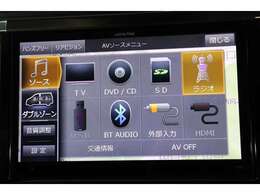 CD・DVD・SDオーディオ・Bluetoothオーディオ再生可能。SDカードへの音楽録音も可能。フルセグTV視聴可能。