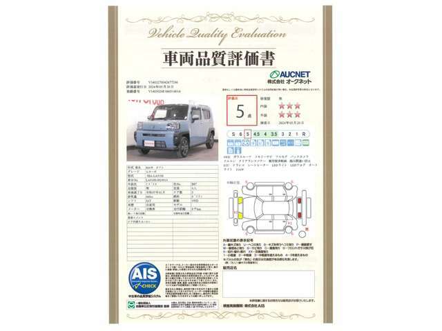 【車輌品質評価書付】第三者機関による車両検査を実施。外装・内装はもちろん、骨格もしっかり検査。その結果を記載した検査証を車両に添付しております。安心して購入していただけると大変好評を頂いております！