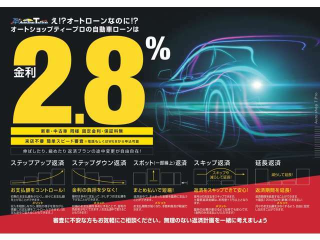 弊社ではローンのご利用ご希望のお客様には、「特別低金利」でご案内しています。※但し、審査内容によってはご希望に添えない場合があります。当然、審査がダメだとしても諦めないで下さい！！相談下さい♪