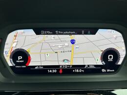 【Audi　バーチャルコックピット】液晶フルデジタルディスプレイにスピードメーター、タコメーター、マップ表示、メディア情報などフレキシブルに表示させるバーチャルコックピットを装備。