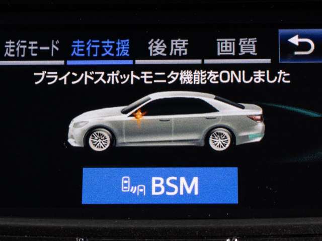 BSM（ブラインドスポットモニタ）！隣の車線を走る車両をレーダーで検知し、ドアミラーでは確認しにくい後側方エリアに存在する車両に加えて、急接近してくる車両も検知します。