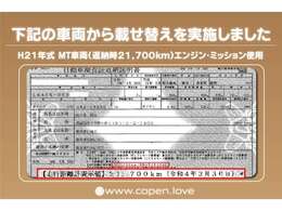 こちらのお車は、素性のしっかりとした当店在庫車両からの載せ替えとなっておりますので、ドナー車両の情報もバッチリ残っております。距離が浅い＝安心　ではありませんので、その他補機類もしっかりと整備。