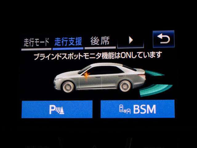 BSM（ブラインドスポットモニタ）！隣の車線を走る車両をレーダーで検知し、ドアミラーでは確認しにくい後側方エリアに存在する車両に加えて、急接近してくる車両も検知します。