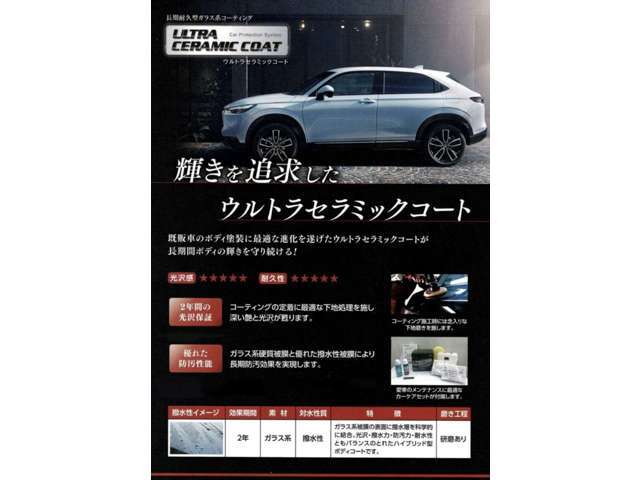 硬化したコーティング表面はガラス質の成分で撥水性能に優れキズや汚れが付きにくくなります。耐久力も長く水洗いとシャンプー洗車だけお手入れもラクラク。