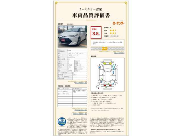 カーセンサ【車両検査証明書】認定検査員が検査を実施。どなたでもわかりやすいように総合評価は10段階、外装のキズの程度と場所が一目でわかるように車両展開図で記載してます。ー認定証付き★