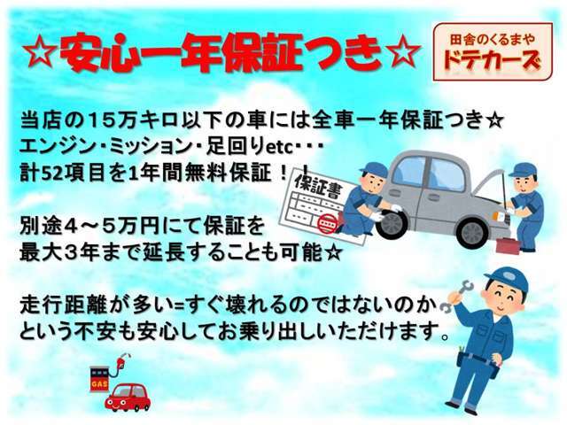 当店は15万キロ以下の車は安心の1年保証を無料にてサービスしております。また、遠方のお客様でもご近所の整備工場での整備対応なので天栄村の当店まで都度運ぶ手間はございません。安心してお乗りいただけます。