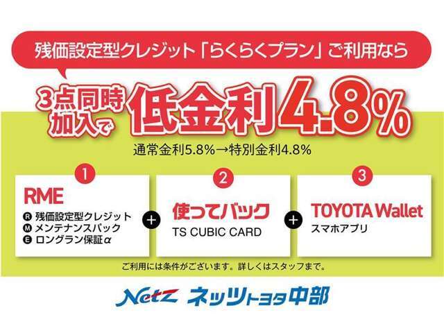 「らくらくプラン（残価設定型）」＋「メンテナンスパック」＋「ロングラン延長保証」の3点をセットでご加入いただくと、通常金利が5.8％のところ特別金利4.8％にてご提供いたします。