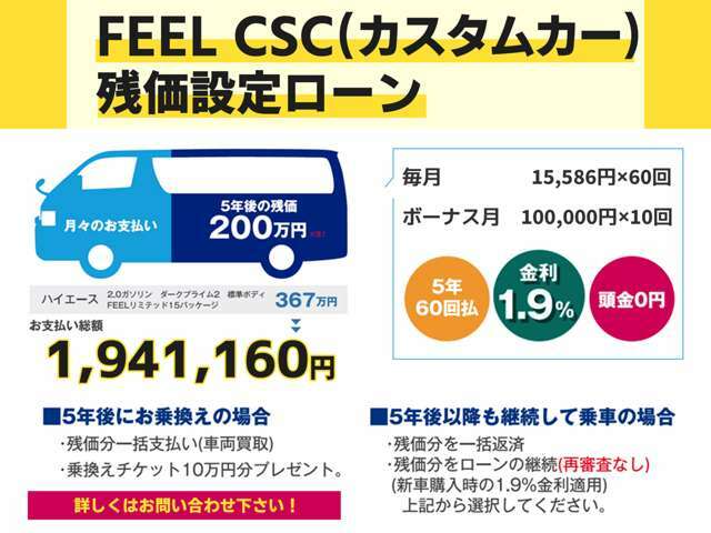 FEELオリジナル新車カスタム残価型オートローンCSC実質年利1.9％！均等ローンは2.9％120回払い可！一部繰り上げ返済可能な自由返済型です！