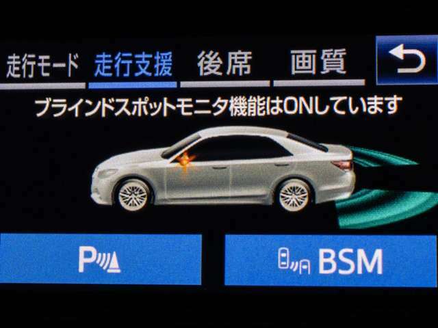 BSM（ブラインドスポットモニタ）！隣の車線を走る車両をレーダーで検知し、ドアミラーでは確認しにくい後側方エリアに存在する車両に加えて、急接近してくる車両も検知します。