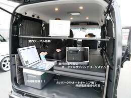 冷蔵庫・ベッドキット・走行充電や外部電源で充電可能なポータブルサブバッテリー電源システムを搭載しており、車内でのリモートワークにも対応しております。後部テーブルは他写真にも掲載しております。