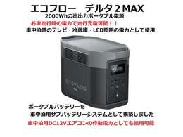 基本プランに付属のポータブルサブバッテリーで、ナビ・照明・冷蔵庫等の作動が可能。大容量のポータブルサブバッテリー、エコフロー社のデルタIIを搭載しております。　こちらも付属しての価格となっております。