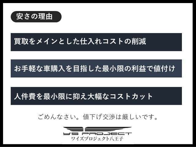 「何でこんなに安いの？」とお客様に質問いただきます。　当店は自信を持って販売できる車両のみを切り詰めた低価格でご提供しています。