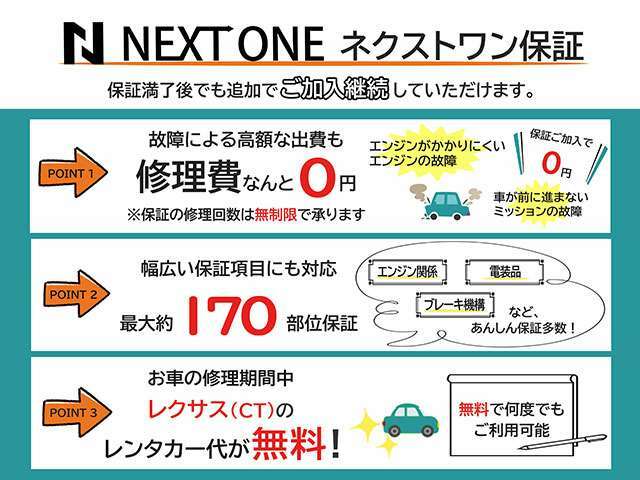 弊社では自社ネクストワン保証をご用意致しました！2年保証/170項目！保証満了後も継続して保証加入が可能となります！継続保証は1年毎の法定点検￥15，000/1年保証が継続して可能となります！