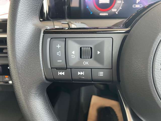 ハンドルから手を離すことなく、音楽ソースの切り替えや音量調整などもできるオーディオコントロールスイッチ。アドバンスドドライブアシストディスプレイの切り替えもここで操作します。