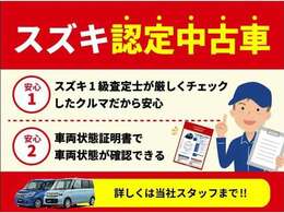 車両状態証明書は、表示項目・方法、運用体制について基準を満たした「スズキ認定中古車制度」に基づき作成したものです