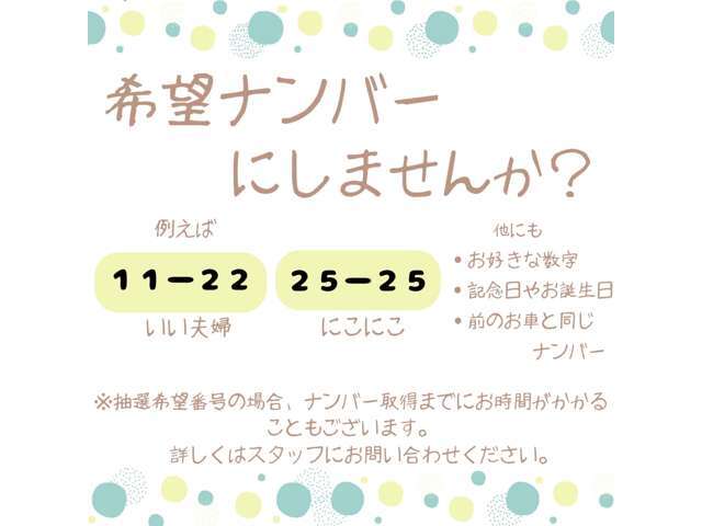 【希望ナンバー】せっかく購入した大事なお車。自分だけのナンバーにしませんか？きっとさらに特別な1台になります♪