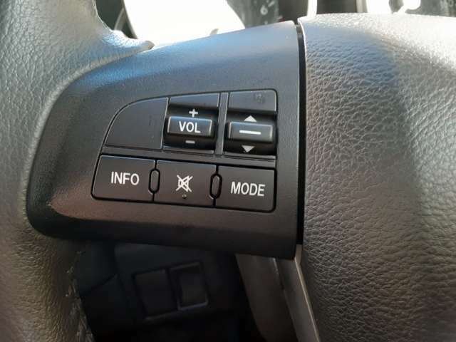 ステアリングスイッチ付き。ハンドル部分にオーディオ操作ができるスイッチが装備されています。視線をそらさず操作を行えますので、安全運転にもつながりますね。