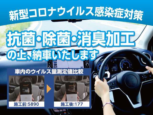 新型コロナウィルス感染症対策としまして、お買い上げ頂いた車両は全車、抗菌・除菌消臭施工して納車いたします！光触媒のチタセラン施工によりウィルスを除去いたします！