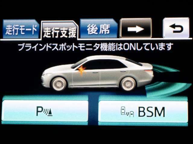 BSM（ブラインドスポットモニタ）！隣の車線を走る車両をレーダーで検知し、ドアミラーでは確認しにくい後側方エリアに存在する車両に加えて、急接近してくる車両も検知します。