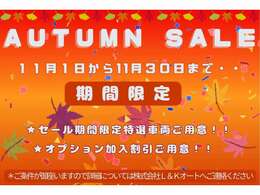 11月1日から11月30日まで・・期間限定！！【秋到来♪・AUTUMNセール開催】特選車両10台用意！各オプション付帯で特典をご用意♪♪♪　詳細についてはご連絡を頂ければ幸いです♪