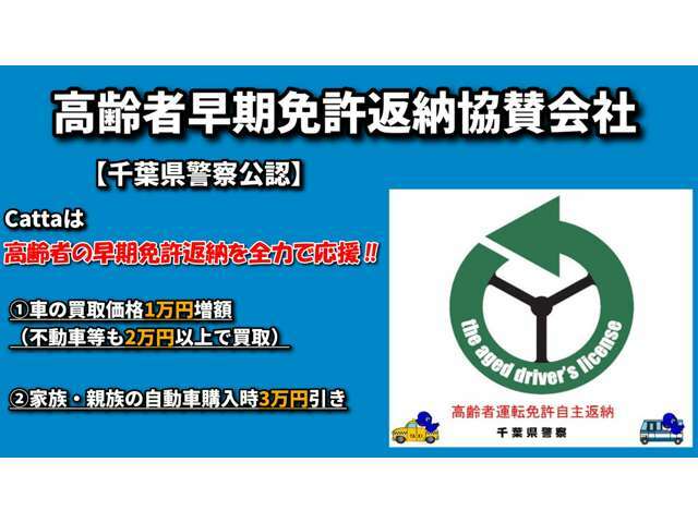 昨今多発する高齢者の交通事故を未然に防ぐべく、千葉県警公認で高齢者免許自主返納における協賛会社として認可をいただきました。便利な車が悲劇を生まない一助になれば幸いです。ご来店お待ちしています。