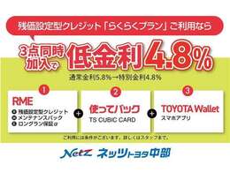 「らくらくプラン（残価設定型割賦）」＋「使ってバック」＋「TOYOTA Wallet」の3点をセットにした特別金利プランです。通常金利5.8％のところ、RME4.8をお選びいただくと特別金利4.8％に