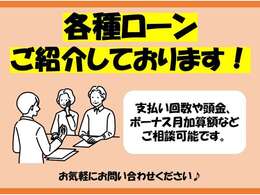 各種ローンご紹介しております。支払い回数/頭金/ボーナス月加算額変更可能です。まずはお気軽にご相談ください。