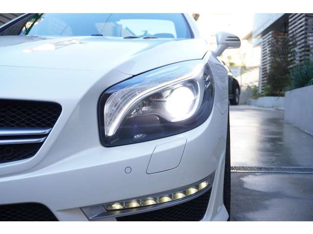 ライト点灯時でございます。ヘッドライトはディスチャージ、ポジショニングライトとドライビングライトはLEDでございます。