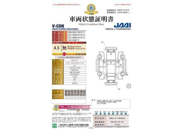 第三者機関「日本自動車査定協会」の車両状態証明書にて情報開示。一台ずつ内外装をチェック。安心のトヨペットU-Car！★査定協会評価点4.5点★